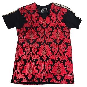 The Saints Sinphony Red Leaves Studded Graphic Shirt Large